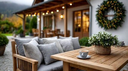 Fototapeta premium Cozy patio sofa and coffee on a wooden table