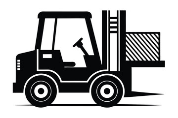 Naklejka premium Black forklift transports a striped box using its lifting forks in a minimalist design