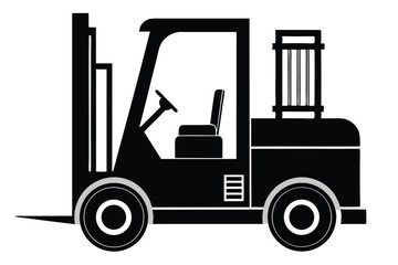 Isolated black forklift silhouette features a steering wheel, seat, and distinct fork design