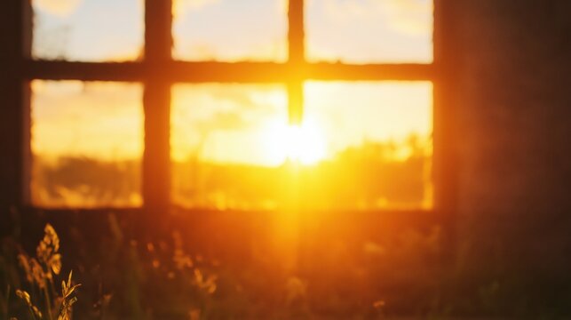warm sunrise glowing beyond rustic window panes golden light flooding blurred meadow nostalgic calm morning atmosphere copyspace concept of wellness spirituality homebuilding - Powered by Adobe