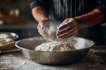 A man is making bread and the flour is flying everywhere