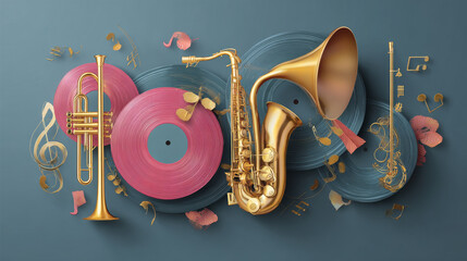 Golden music promotional poster featuring musical instruments and notes in an artistic, playful vector design with a vinyl record. Perfect for concerts, music festivals, shows, and party flyers.
