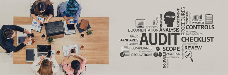 A dynamic office scene with a team engaged in a focused audit discussion, utilizing laptops and documents to enhance collaborative analysis and effective planning processes. Tessel