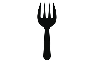 A single black fork stands vertically on a bright white solid color background