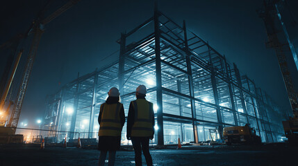 Workers observing a construction site at night with illuminated steel framework and cranes in the background.
