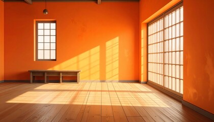 Obraz premium Minimalist Interior with Orange Walls, Wooden Floor, and Natural Sunlight, Empty Room