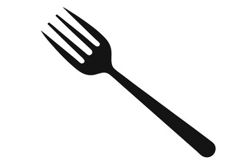 A sleek black fork with three tines diagonally against a simple white backdrop