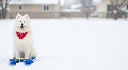 Naklejka premium Happy Samoyed dog sitting on a sled in a snowy backyard 