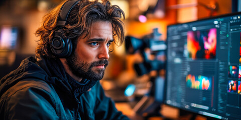 Fototapeta premium Focused young man wearing headphones working on digital audio and video editing projects on computer screens in creative studio environment during evening