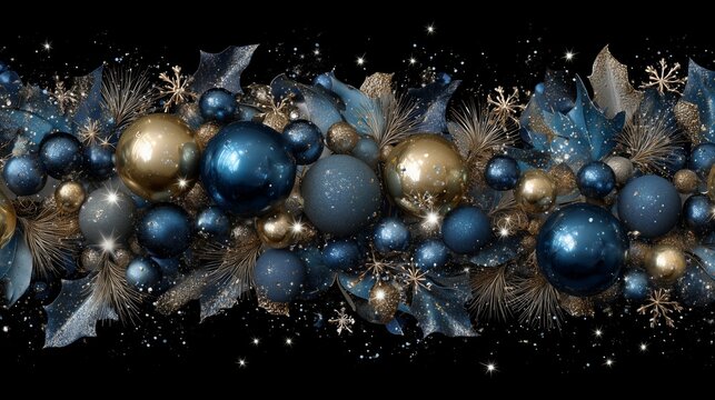 Luxurious winter garland with blue gold ornaments and frosted holly details