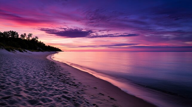 Serene sunset beach with pink and purple sky reflections and calm ocean