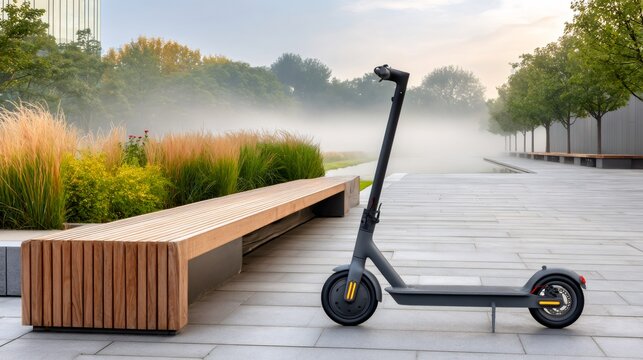 Electric scooter standing on urban park pavement at morning fog