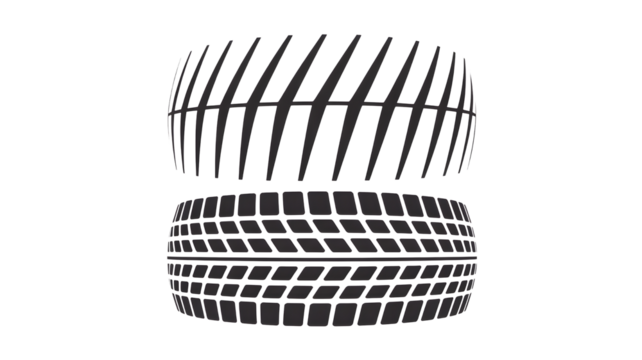 Two distinct tire treads one with diagonal lines and the other with a block pattern isolated on transparent background
