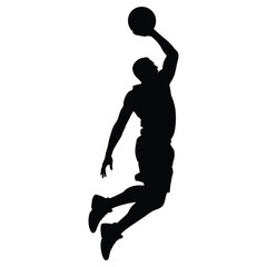 Basketball Player Jumping and Dunking Silhouette Vector Illustration – Dynamic Sports Athlete in Air, Power Slam Dunk Motion Design for Team Game, Strength, Energy, and Athletic Performance