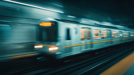 Fototapeta premium An urban subway train's swift journey, visually enhanced by a dynamic motion blur to accentuate its speed and momentum. 