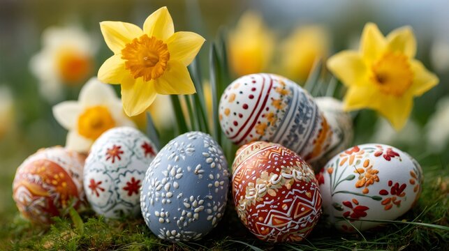 Easter eggs displaying traditional folk art patterns on moss
