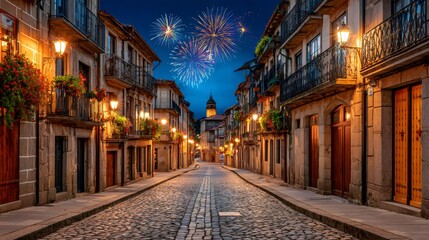 Obraz premium Night fireworks over an old european cobblestone street