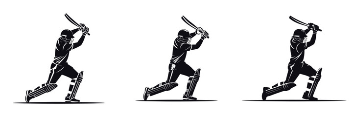 Cricket Player Batting Silhouette Vector Illustration Set – Sports Athlete in Action Hitting Cricket Ball, Dynamic Team Game Artwork Showing Power, Focus, and Competitive Spirit