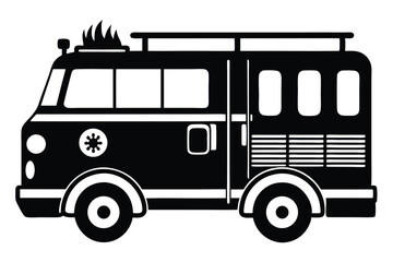 Bold monochrome fire engine displays stylized flames, a vintage design, and circular elements