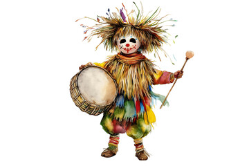 Folk Costume Mummer Boy with Drum Isolated on Transparent Background