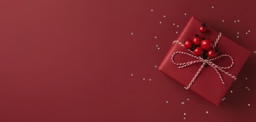 Obraz premium Elegant red gift box with festive berries and twine