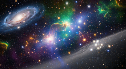 Fototapeta premium Expansive cosmic scene with spiral galaxy, colorful nebulae and star clusters space stars