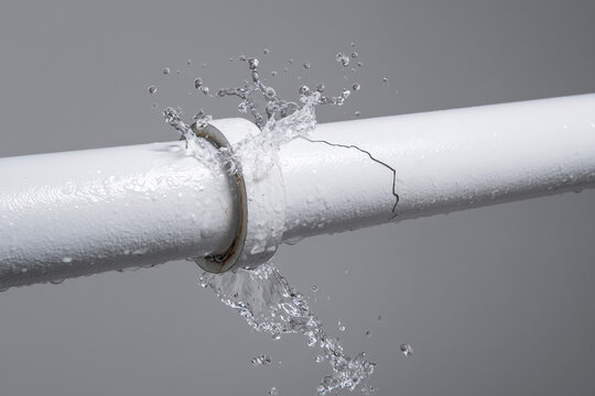 A pipe is leaking water and the water is spraying out of the pipe