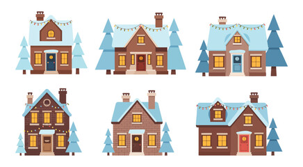 Charming Winter Houses Decorated With Snow and Colorful Christmas Lights Forming a Festive Holiday Village Scene Illustrated in a Cozy Seasonal Vector Style for Creative Greeting, Decoration, and Desi