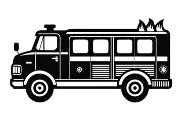 Black firetruck silhouette displays flames, lights, and striped detail on a white background