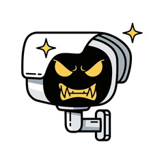 Cartoon illustration of a menacing security camera with an angry monster face, yellow eyes, and sharp teeth, sparkling.