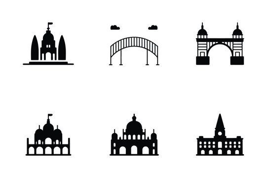 Collection of black silhouette icons representing famous architectural landmarks and buildings