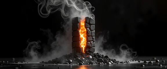 Backlit smoke rising from glowing stones in a dark atmosphere  