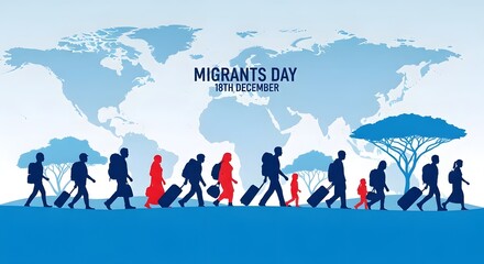 Migrant day concept, people walking with world map