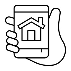 Smart Home app in phone thin line icon, house auto system concept, hand hold smartphone vector sign on white background, outline style icon mobile concept web design. Vector graphics.