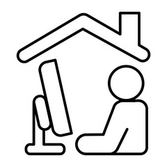 Roof with chimney, user at monoblock screen thin line icon, remote work concept, workspace vector sign on white background, outline style icon mobile concept web design. Vector graphics.