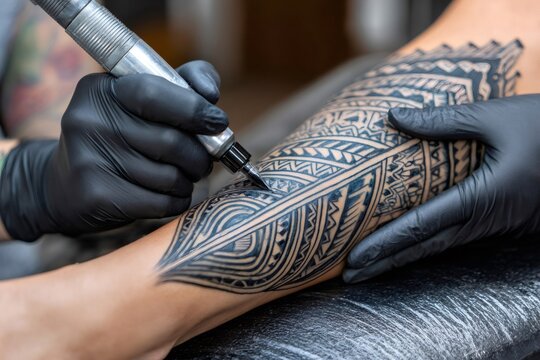Tattoo artist tattooing polynesian pattern on person's arm