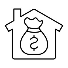 House with chimney, money bag thin line icon, work from home concept, remote income vector sign on white background, outline style icon mobile concept web design. Vector graphics.