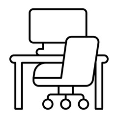 Desk with computer monitor and chair thin line icon, home workspace concept, workplace vector sign on white background, outline style icon mobile concept web design. Vector graphics.