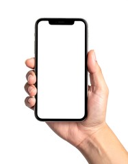 Hand holding smartphone with blank screen for app presentation and mobile technology.