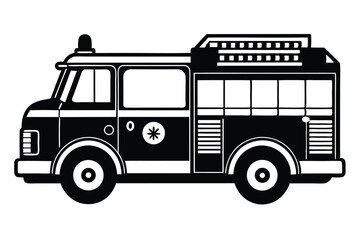 Black and white silhouette shows a fire engine with ladder on top and designs