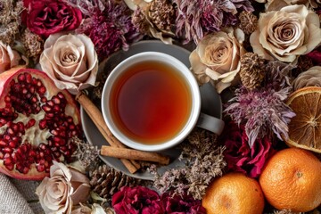 A cozy autumn atmosphere is created by a warm cup of tea surrounded by dried flowers, fruits, and natural elements