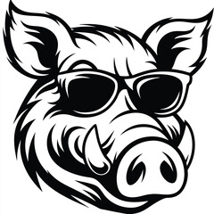 A monochromatic boar gazes sternly while wearing sunglasses over its piercing, animalistic eyes