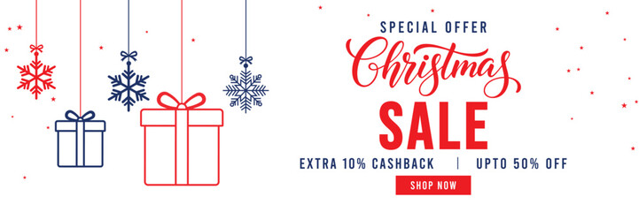 Christmas Sale banner with special offer text, cashback and discount percentages, and hanging red and blue snowflake ornaments and baubles. Ideal for seasonal marketing, holiday shopping, and web head