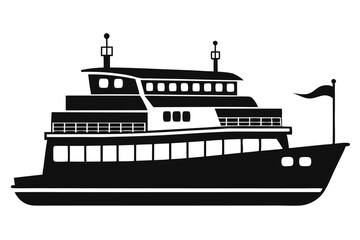 Obraz premium A bold black silhouette illustrates a multideck ferry boat with flag on a white background