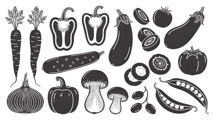 Collection of hand drawn black and white vegetables including carrots bell peppers eggplants tomatoes mushrooms onion and peas isolated on transparent background