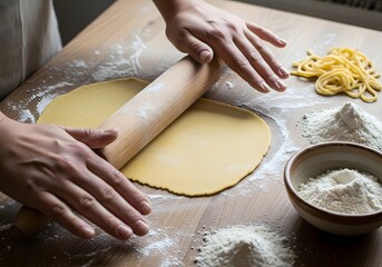 Making pasta dough with a rolling pin on a wooden surface in a kitchen setting
