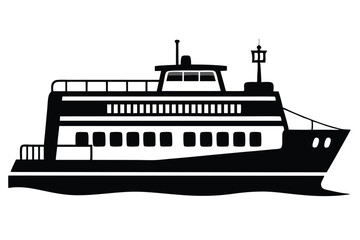 Obraz premium The silhouette of a twostory ferry boat with a large bridge floats in the water