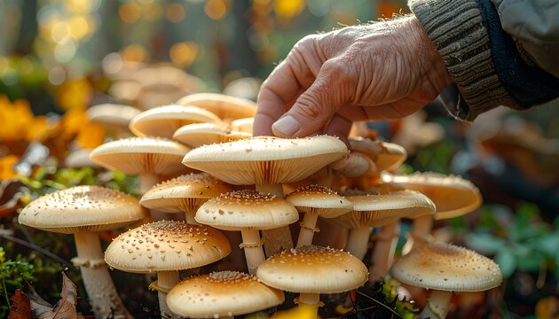 Hand picking wild mushrooms in autumn forest, foraging for edible fungi.
