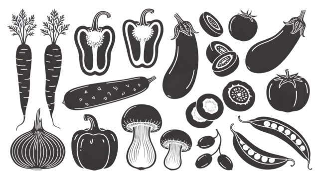 Collection of hand drawn black and white vegetables including carrots bell peppers eggplants tomatoes mushrooms onion and peas isolated on transparent background