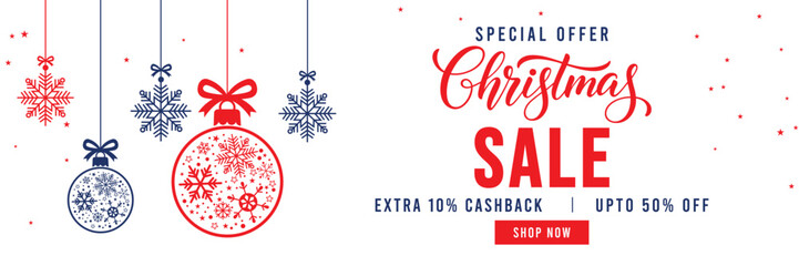 Christmas Sale banner with special offer text, cashback and discount percentages, and hanging red and blue snowflake ornaments and baubles. Ideal for seasonal marketing, holiday shopping, and web head © bibin
